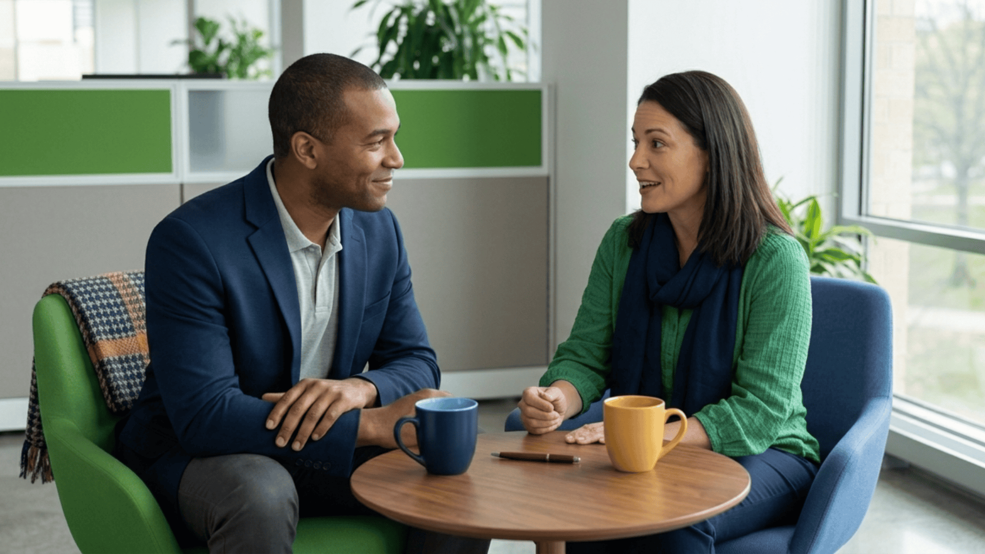 Manager listening to employee during one on one meeting about organizational change.